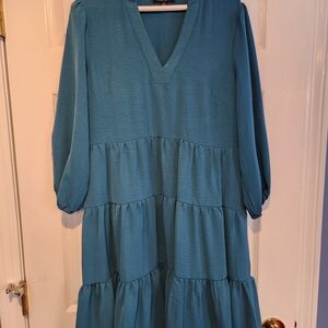 Teal V-Neck Tiered Dress